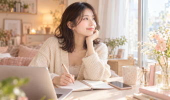 柔らかな日差しの中でノートを開き、新しい働き方を考える成人女性