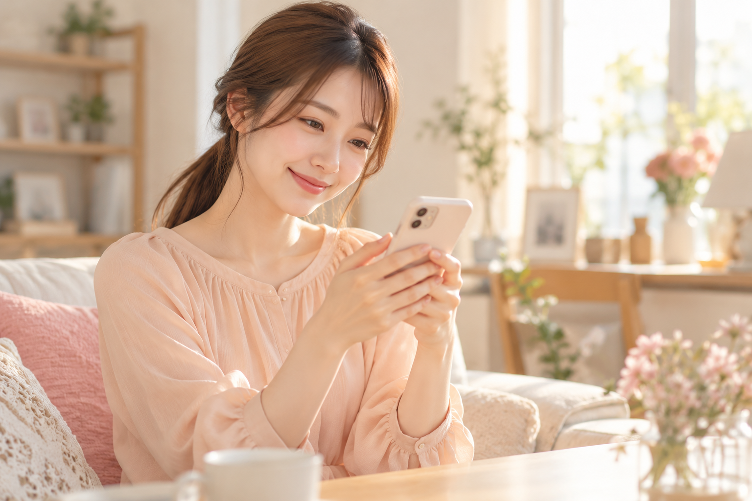 スマートフォンで問い合わせのメッセージを考える成人女性