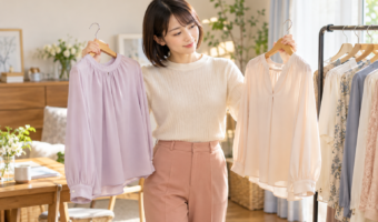 2枚のブラウスを手に服装を考える成人女性のイメージ