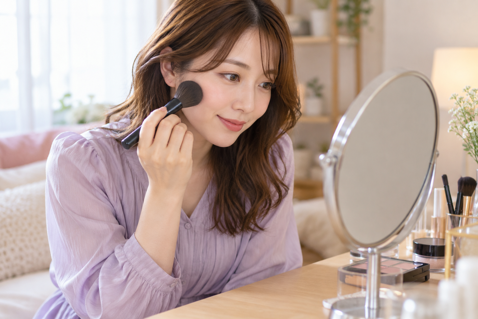 鏡を見ながらブラシでメイクを整える成人女性のイメージ