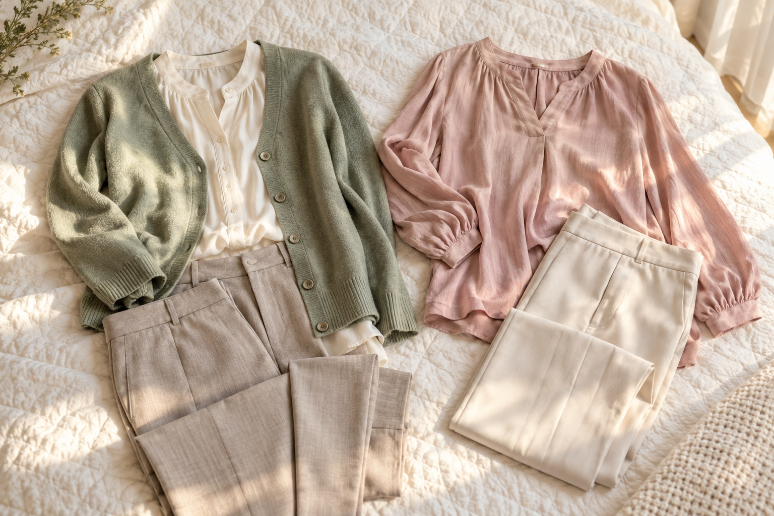 淡い色のブラウスとカーディガンを並べた服装選びのイメージ