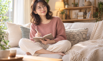 ソファで会話の話題をノートに整理する成人女性のイメージ