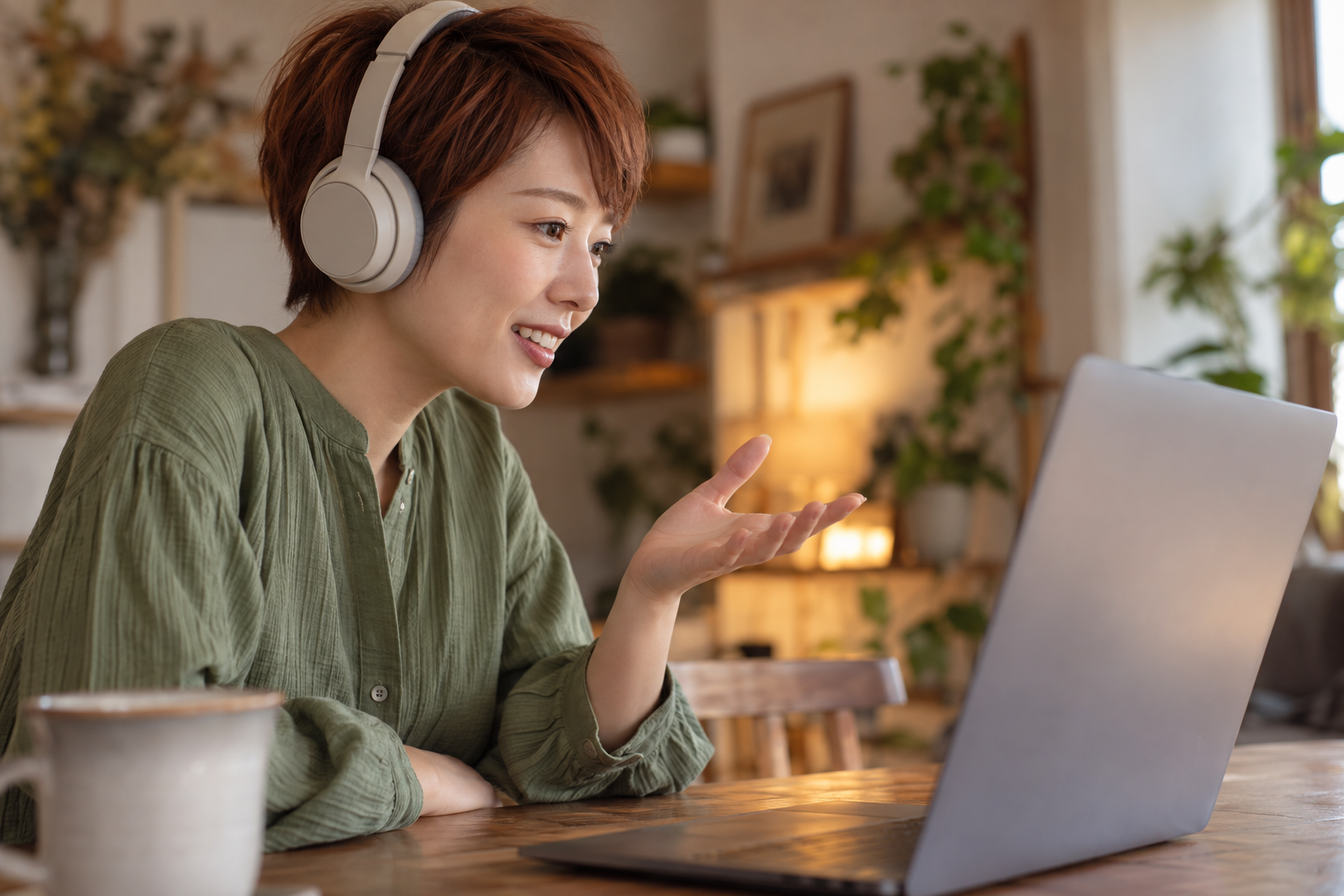 ヘッドホンを使い画面越しの話に耳を傾ける成人女性のイメージ