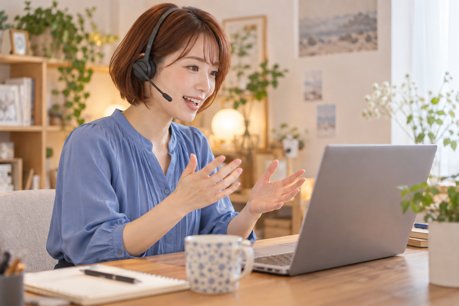 ヘッドセットを使い画面越しに会話する成人女性のイメージ