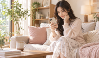 ソファでスマートフォンを使い仕事の体験談を調べる成人女性のイメージ